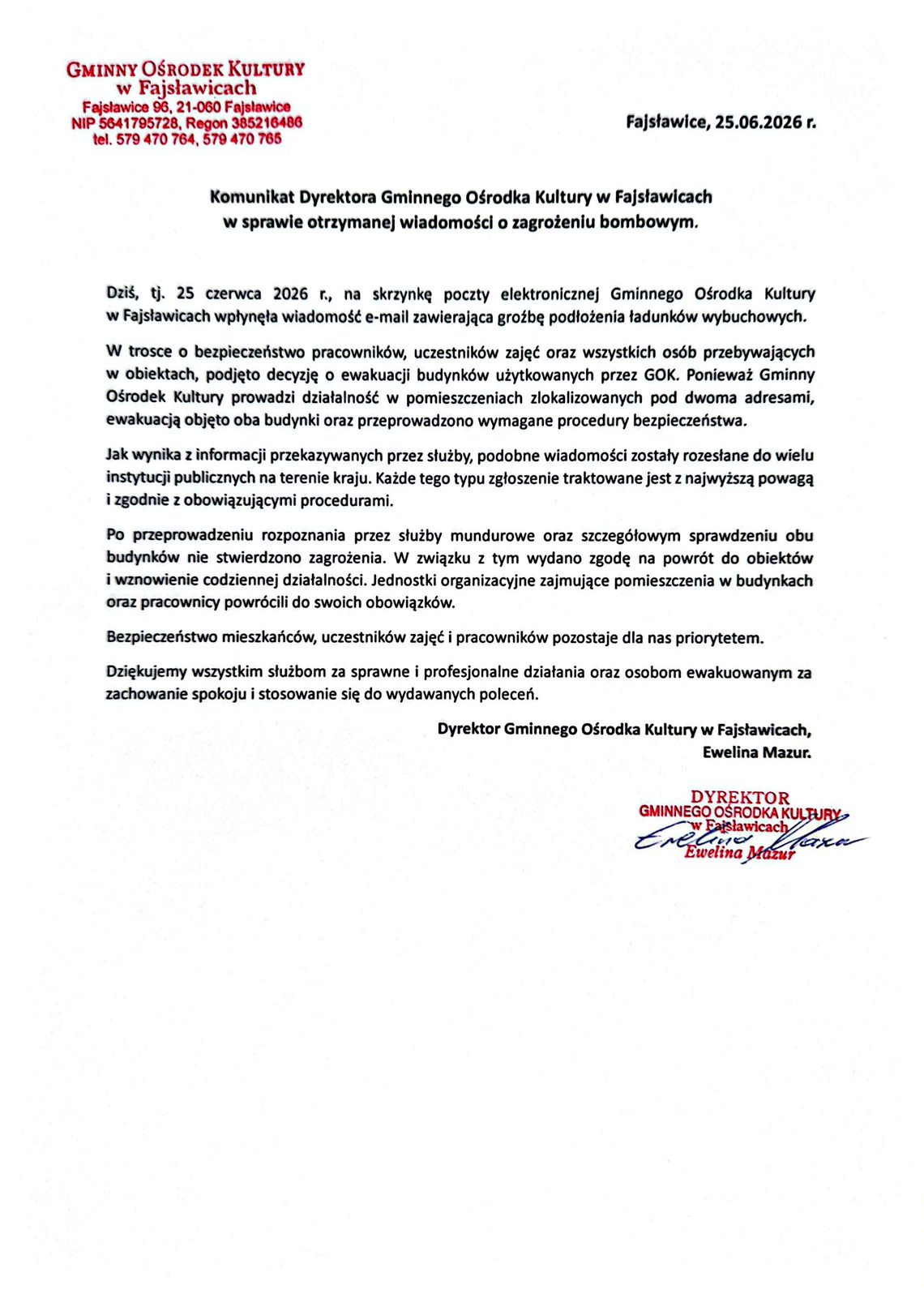 Komunikat Dyrektora Gminnego Ośrodka Kultury w Fajsławicach  w sprawie otrzymanej wiadomości o zagrożeniu bombowym.