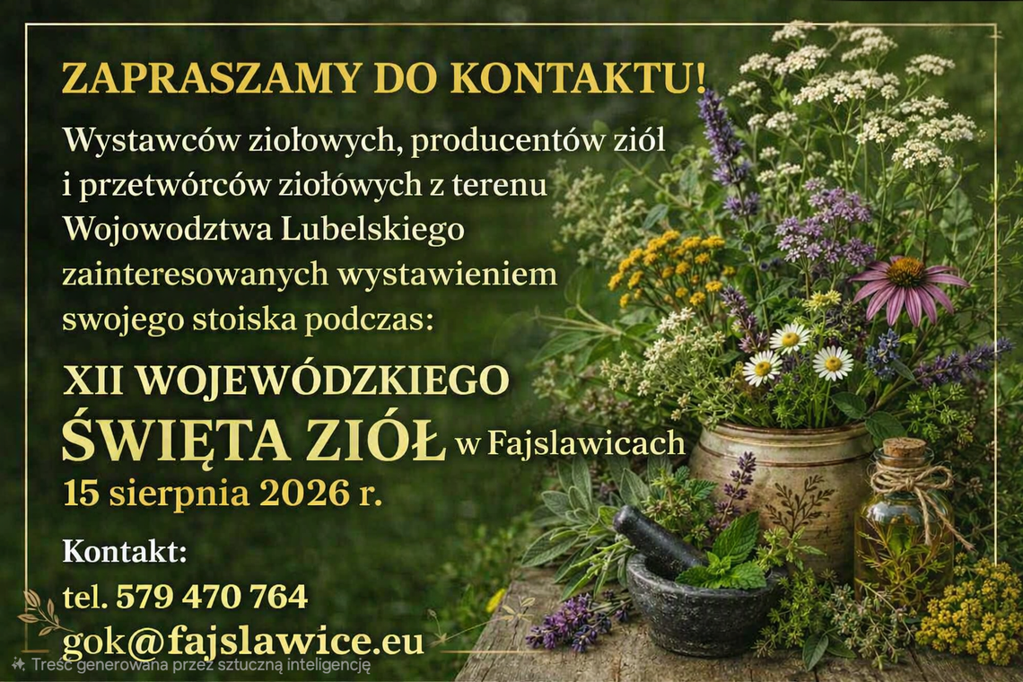 🌿 Wystawcy ziołowi — zapraszamy do współpracy! 🌿 XII Wojewódzkie Święto Ziół w Fajsławicach – 15 sierpnia 2026 r. 🌿 Wystawcy ziołowi — zapraszamy do współpracy! 🌿 XII Wojewódzkie Święto Ziół w Fajsławicach – 15 sierpnia 2026 r.